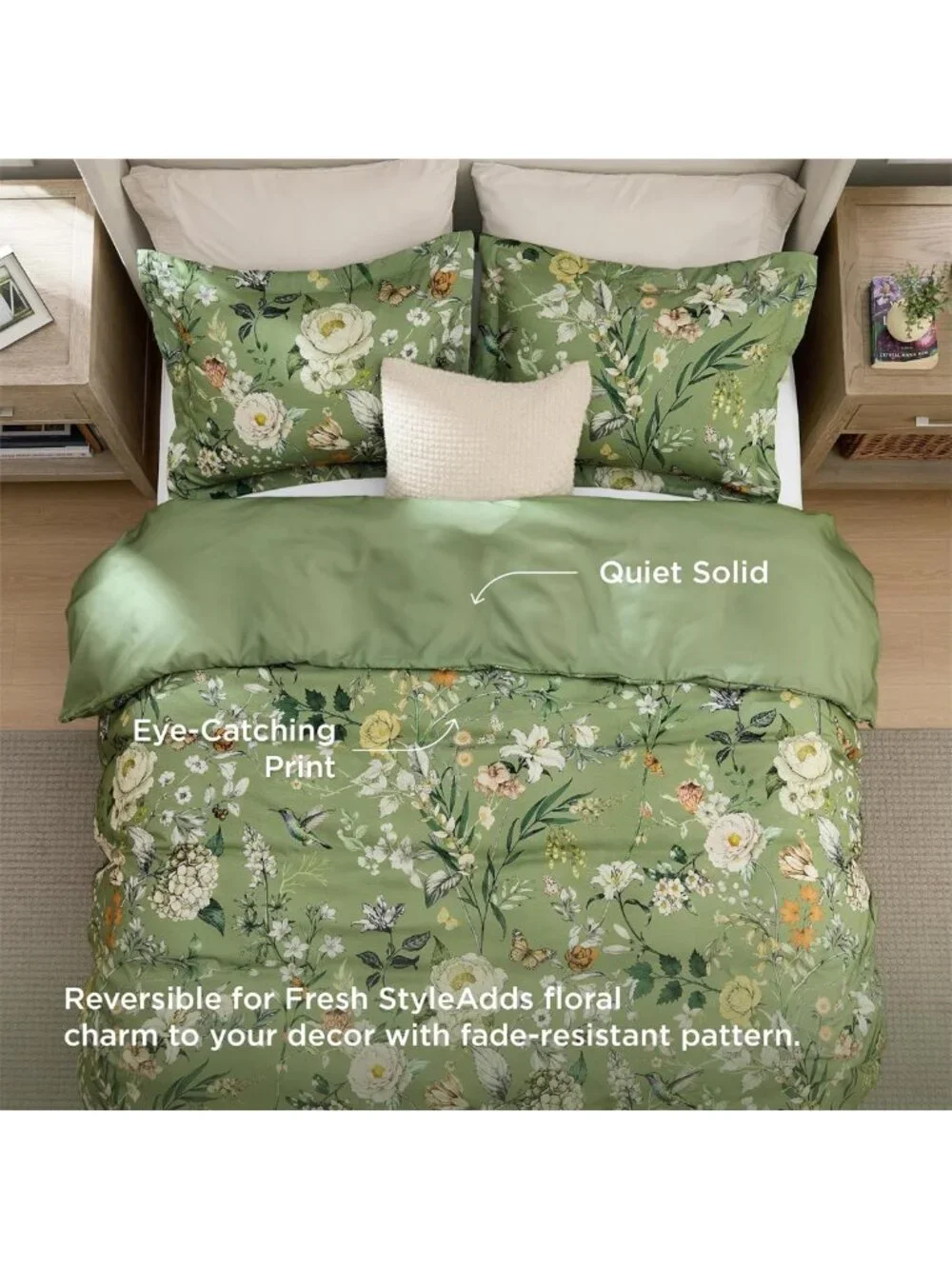 Cozy Floral Queen Comforter Set - Reversible Olive Green, 3-Piece Bedding Set